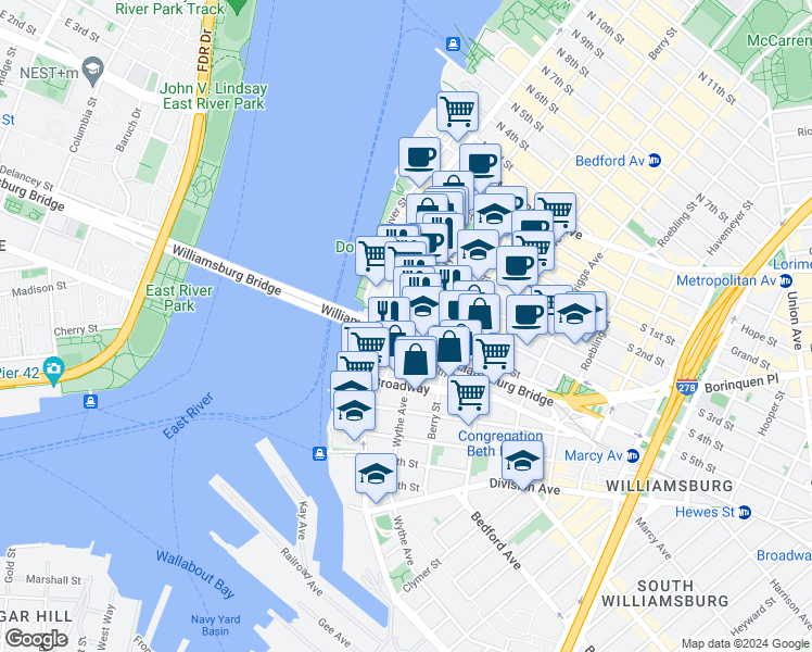 map of restaurants, bars, coffee shops, grocery stores, and more near 36-46 South 4th Street in Brooklyn