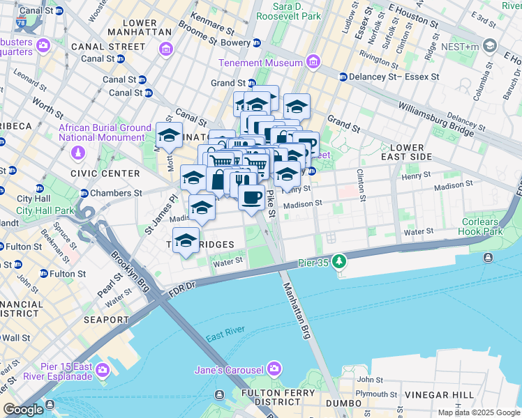 map of restaurants, bars, coffee shops, grocery stores, and more near 80 Henry Street in New York