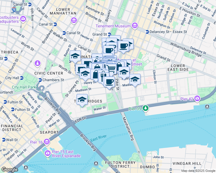 map of restaurants, bars, coffee shops, grocery stores, and more near 80 Henry Street in New York