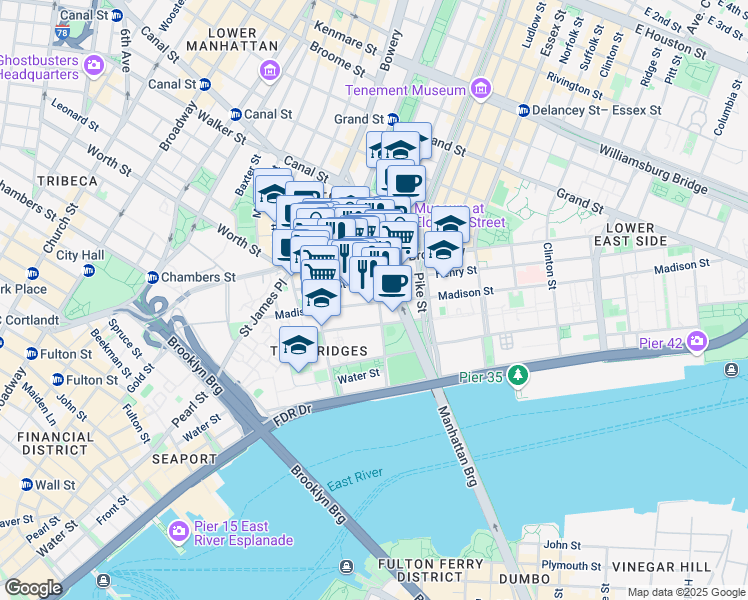 map of restaurants, bars, coffee shops, grocery stores, and more near 56 East Broadway in New York