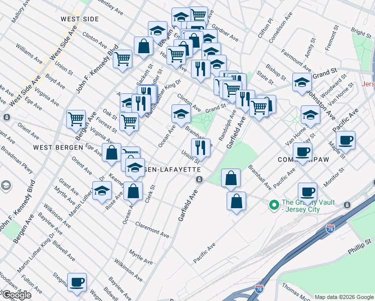 map of restaurants, bars, coffee shops, grocery stores, and more near 471 Bramhall Avenue in Jersey City
