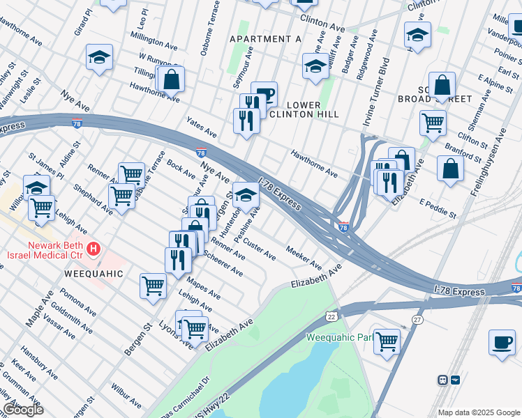 map of restaurants, bars, coffee shops, grocery stores, and more near 141 Watson Avenue in Newark