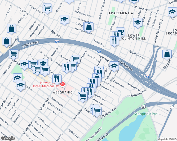 map of restaurants, bars, coffee shops, grocery stores, and more near 207 Custer Avenue in Newark