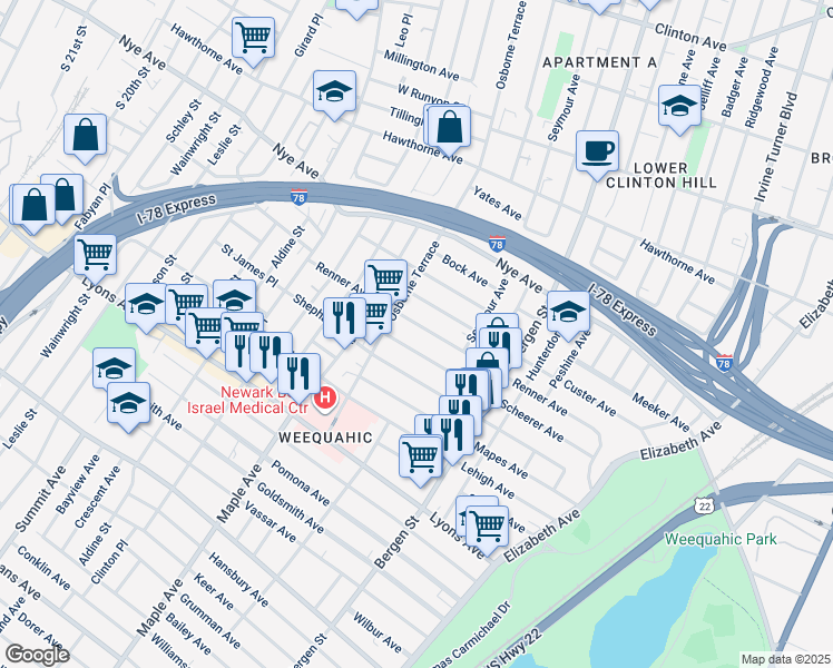 map of restaurants, bars, coffee shops, grocery stores, and more near 249 Renner Avenue in Newark