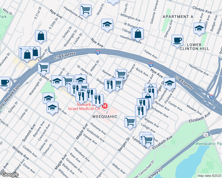 map of restaurants, bars, coffee shops, grocery stores, and more near 133 Huntington Terrace in Newark