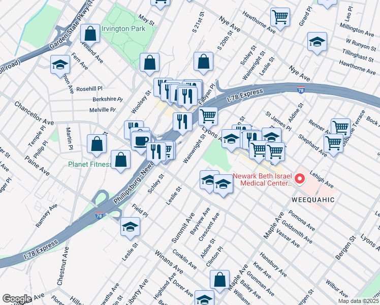 map of restaurants, bars, coffee shops, grocery stores, and more near 248 Schley Street in Newark