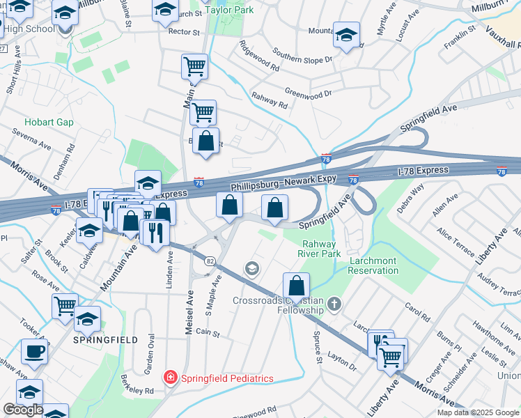 map of restaurants, bars, coffee shops, grocery stores, and more near 115 Victory Road in Springfield