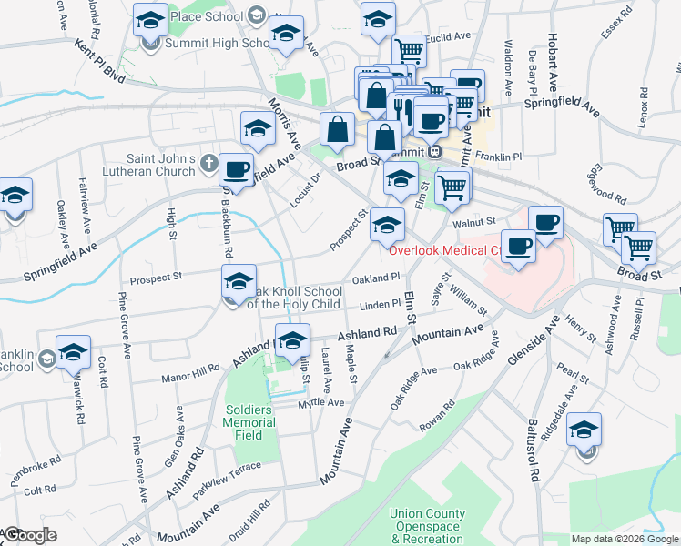 map of restaurants, bars, coffee shops, grocery stores, and more near 2 Prospect Street in Summit