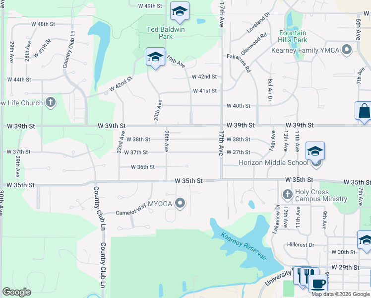 map of restaurants, bars, coffee shops, grocery stores, and more near 1914 West 38th Street in Kearney