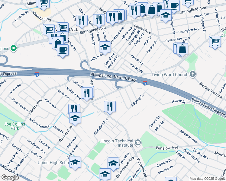 map of restaurants, bars, coffee shops, grocery stores, and more near 1488 Burnet Avenue in Union