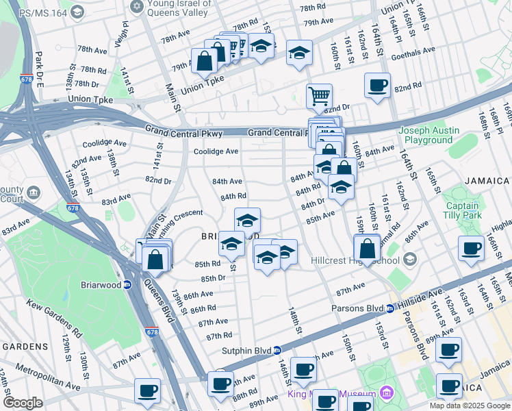 map of restaurants, bars, coffee shops, grocery stores, and more near 84-19 Smedley Street in Queens