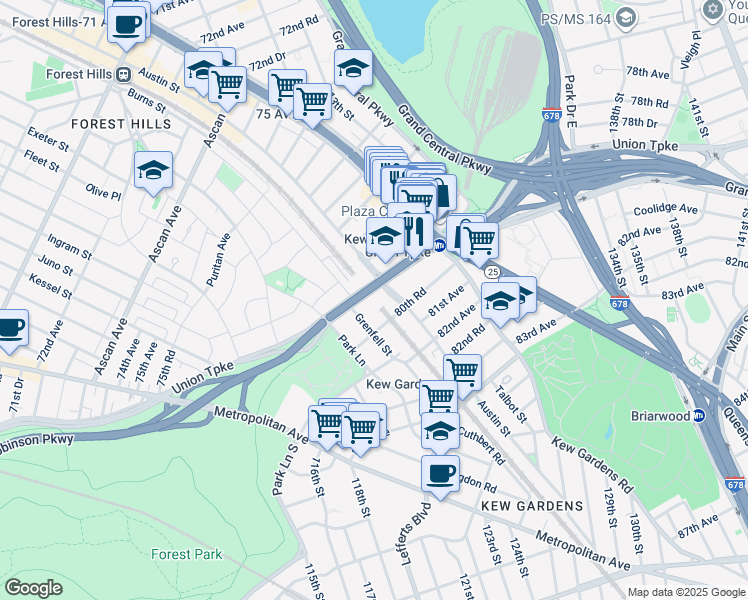 map of restaurants, bars, coffee shops, grocery stores, and more near 118-18 Union Turnpike in Queens