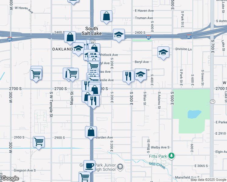 map of restaurants, bars, coffee shops, grocery stores, and more near 204 East 2700 South in South Salt Lake
