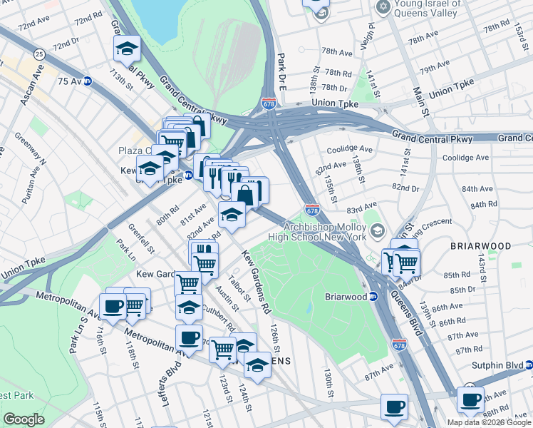 map of restaurants, bars, coffee shops, grocery stores, and more near 125-10 Queens Boulevard in Queens