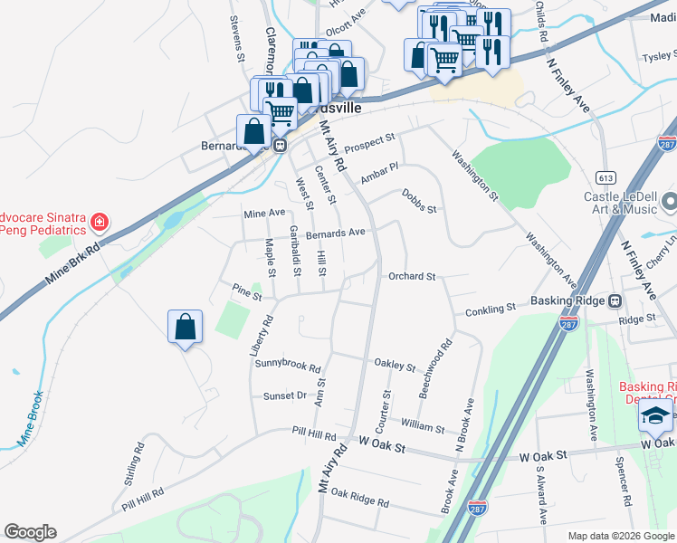 map of restaurants, bars, coffee shops, grocery stores, and more near 17 Dayton Crescent in Bernardsville