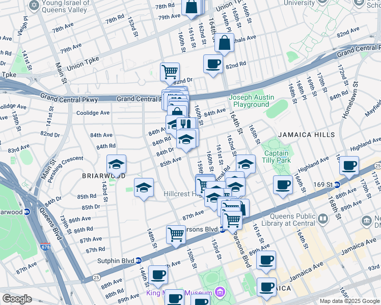 map of restaurants, bars, coffee shops, grocery stores, and more near 84-48 159th Street in Queens