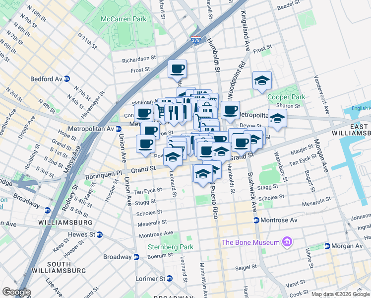 map of restaurants, bars, coffee shops, grocery stores, and more near 207 Ainslie Street in Brooklyn
