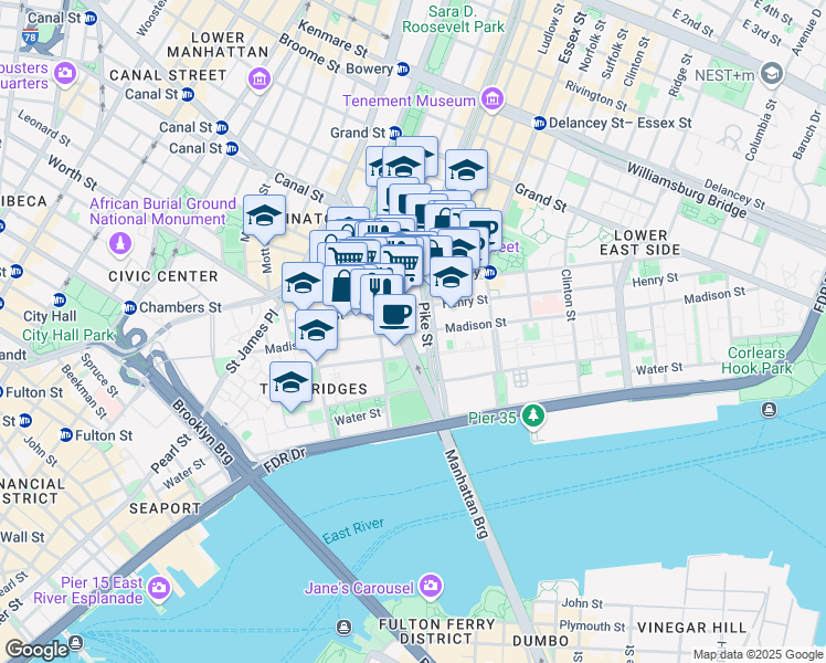 map of restaurants, bars, coffee shops, grocery stores, and more near 148 Madison Street in New York