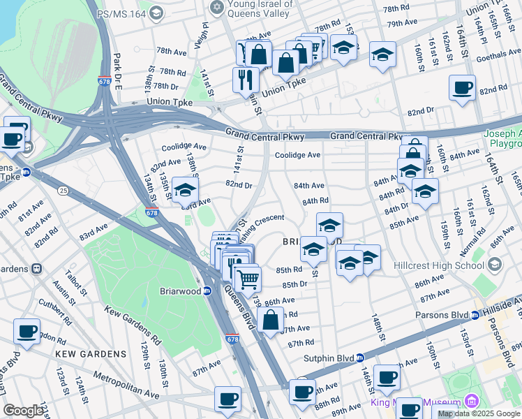 map of restaurants, bars, coffee shops, grocery stores, and more near 141-71 84th Road in Queens
