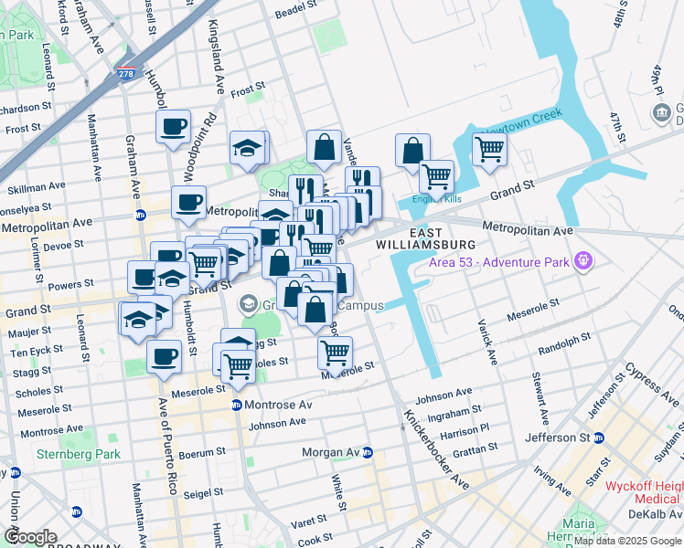 map of restaurants, bars, coffee shops, grocery stores, and more near 1002 Grand Street in Brooklyn