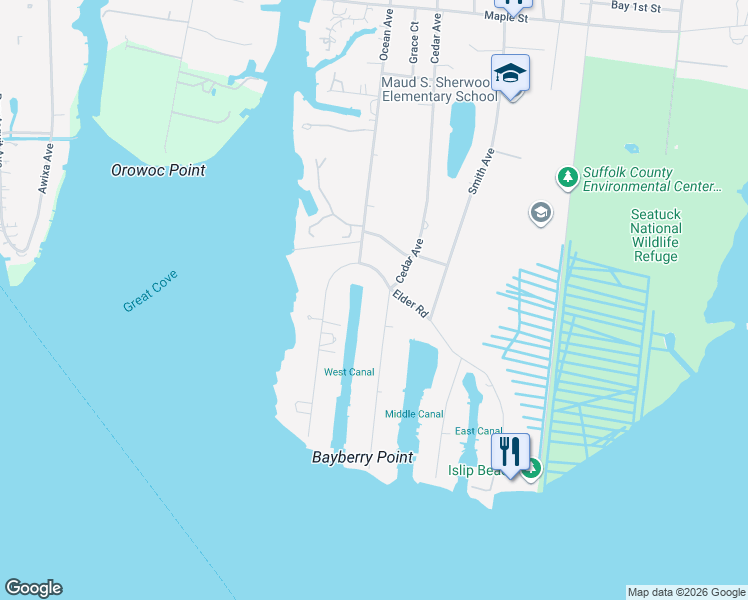 map of restaurants, bars, coffee shops, grocery stores, and more near 56 East Bayberry Road in Islip