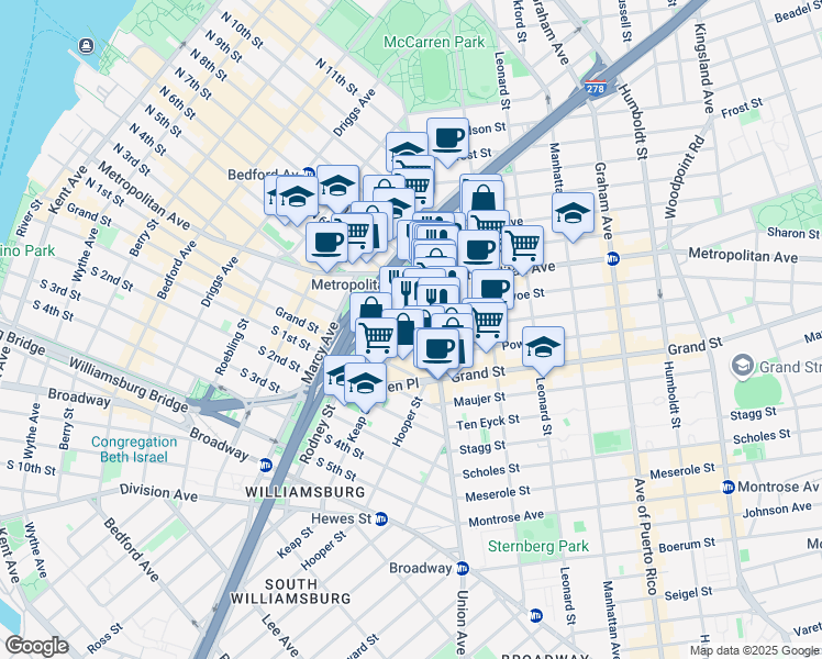 map of restaurants, bars, coffee shops, grocery stores, and more near 422 Union Avenue in Brooklyn