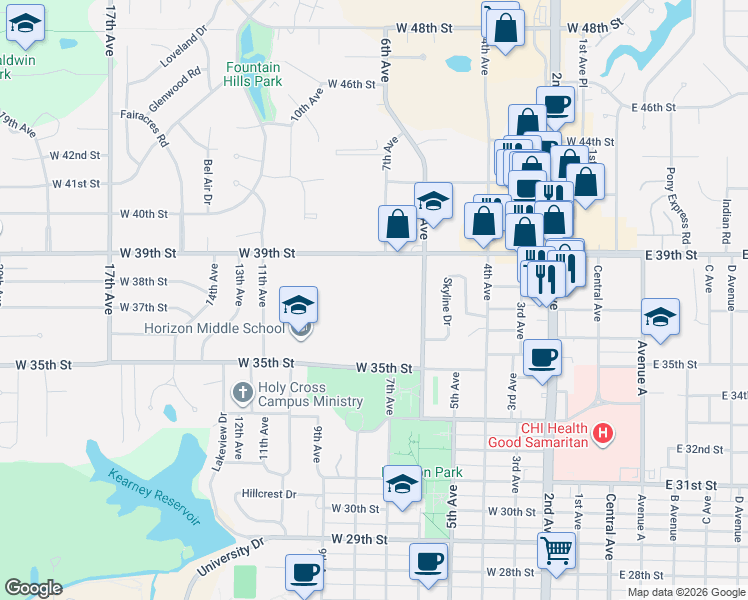 map of restaurants, bars, coffee shops, grocery stores, and more near 3610 6th Avenue in Kearney