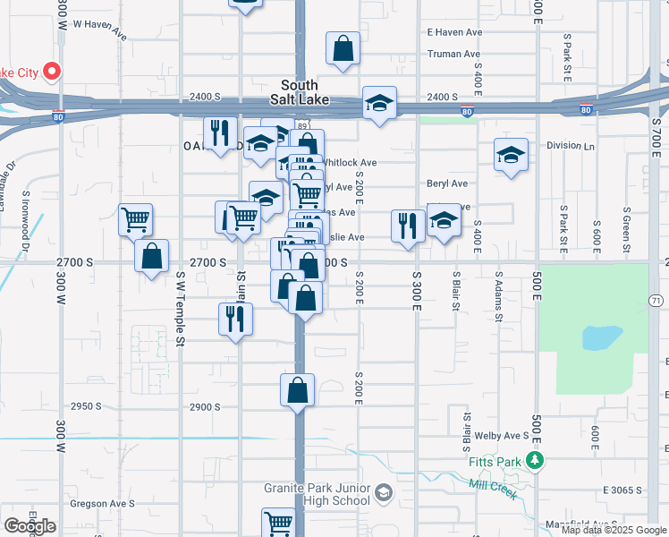map of restaurants, bars, coffee shops, grocery stores, and more near 156 East 2700 South in South Salt Lake