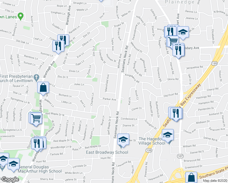 map of restaurants, bars, coffee shops, grocery stores, and more near 555 Mansfield Avenue in Levittown