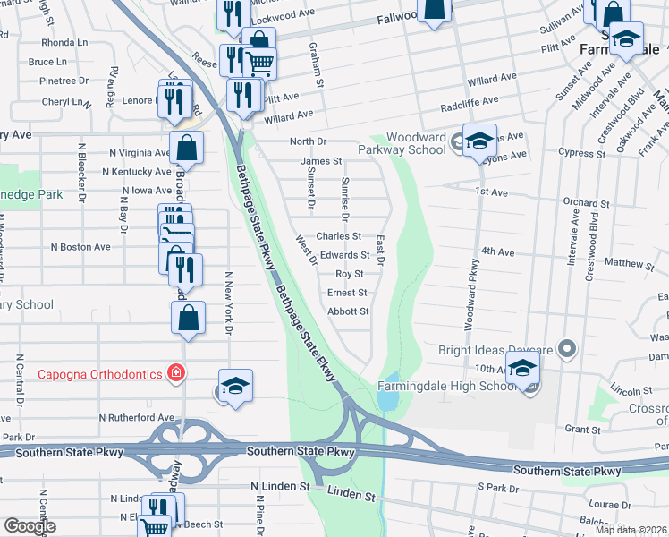 map of restaurants, bars, coffee shops, grocery stores, and more near 110 Edwards Street in Massapequa