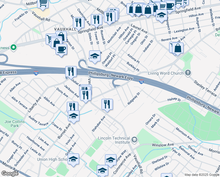 map of restaurants, bars, coffee shops, grocery stores, and more near 1488 Burnet Avenue in Union