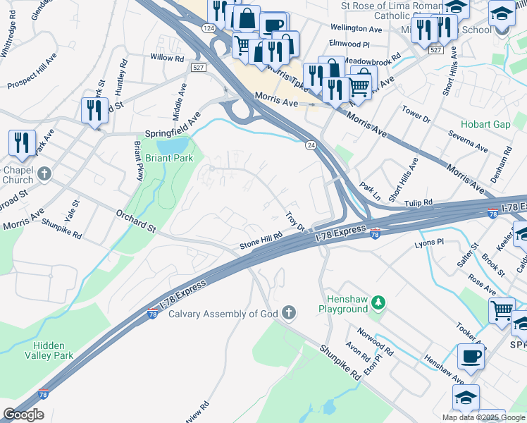 map of restaurants, bars, coffee shops, grocery stores, and more near 32A Troy Drive in Springfield