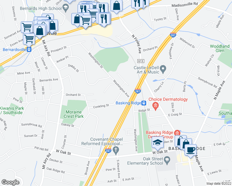 map of restaurants, bars, coffee shops, grocery stores, and more near 102 Washington Avenue in Basking Ridge