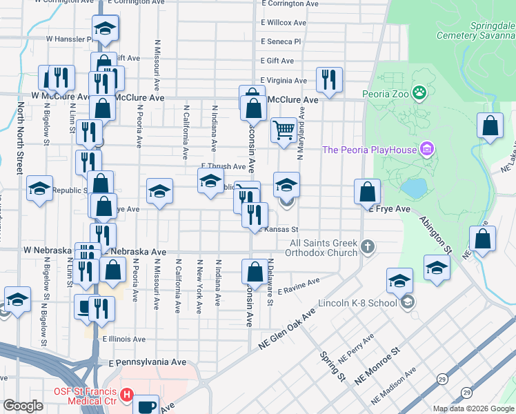 map of restaurants, bars, coffee shops, grocery stores, and more near 803 East Frye Avenue in Peoria