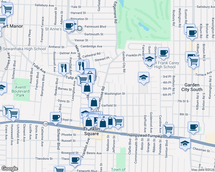 map of restaurants, bars, coffee shops, grocery stores, and more near 211 Madison Avenue in Franklin Square
