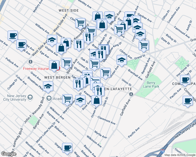 map of restaurants, bars, coffee shops, grocery stores, and more near 31 Oak Street in Jersey City