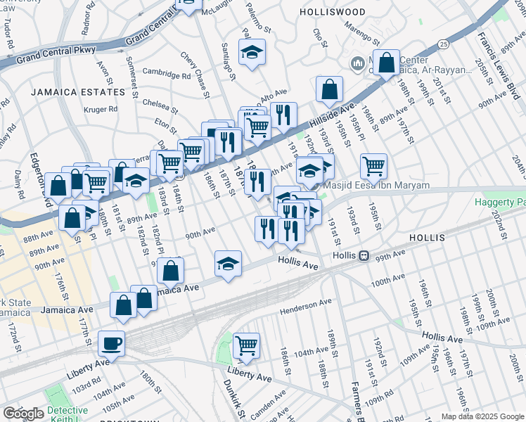 map of restaurants, bars, coffee shops, grocery stores, and more near 89-23 187th Place in Queens