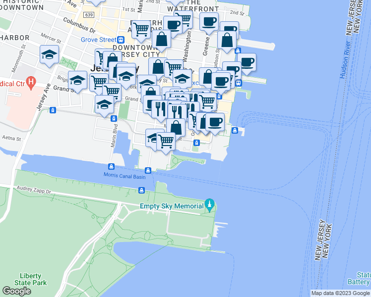 map of restaurants, bars, coffee shops, grocery stores, and more near 76 Essex Street in Jersey City