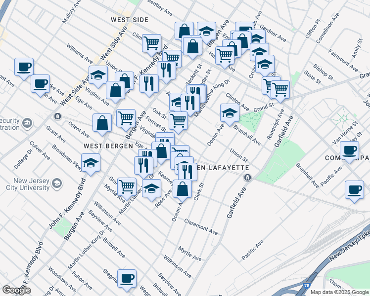 map of restaurants, bars, coffee shops, grocery stores, and more near 31 Oak Street in Jersey City