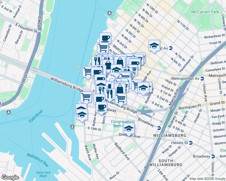 map of restaurants, bars, coffee shops, grocery stores, and more near Berry Street & South 4th Street in Brooklyn