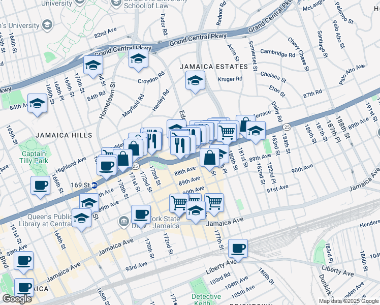 map of restaurants, bars, coffee shops, grocery stores, and more near 177-16 Wexford Terrace in Queens
