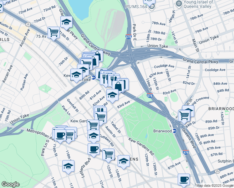map of restaurants, bars, coffee shops, grocery stores, and more near 120-46 Queens Boulevard in Queens