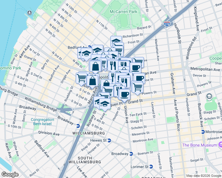 map of restaurants, bars, coffee shops, grocery stores, and more near 123 Hope Street in Brooklyn