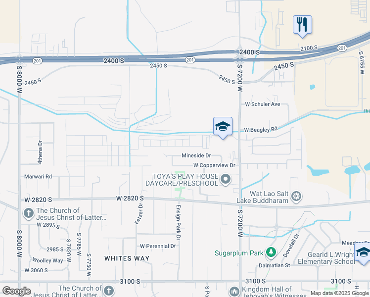 map of restaurants, bars, coffee shops, grocery stores, and more near 7300 Copperview Drive in Magna