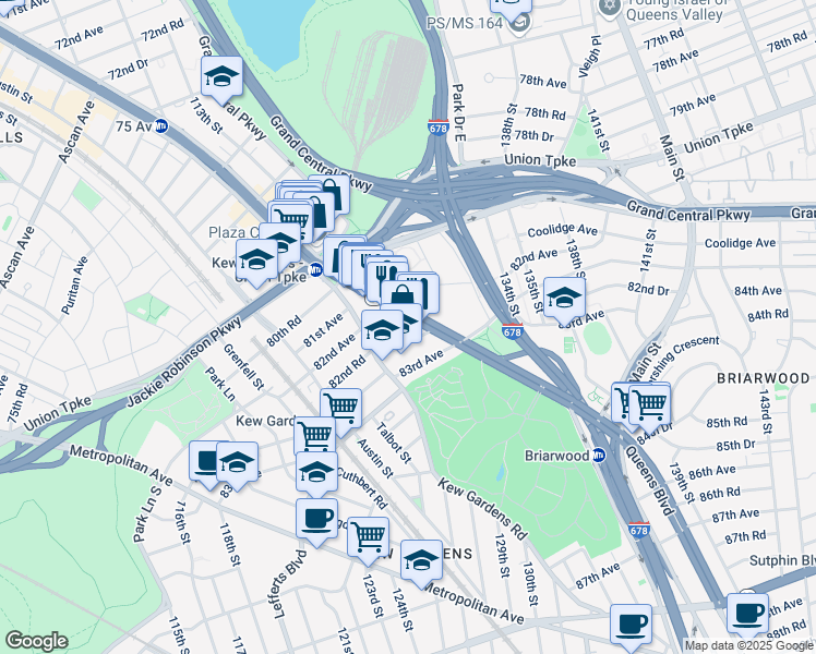map of restaurants, bars, coffee shops, grocery stores, and more near 124-36 Queens Boulevard in Queens