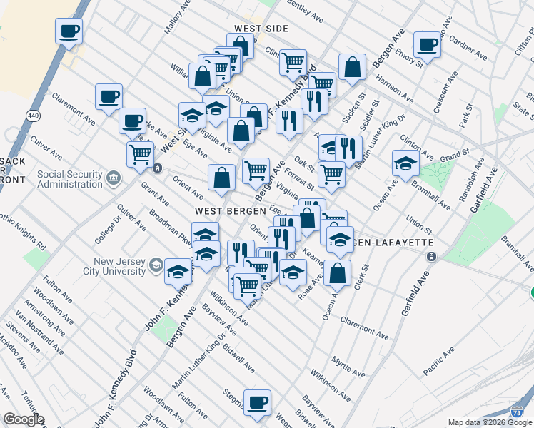 map of restaurants, bars, coffee shops, grocery stores, and more near 1 Bernius Court in Jersey City