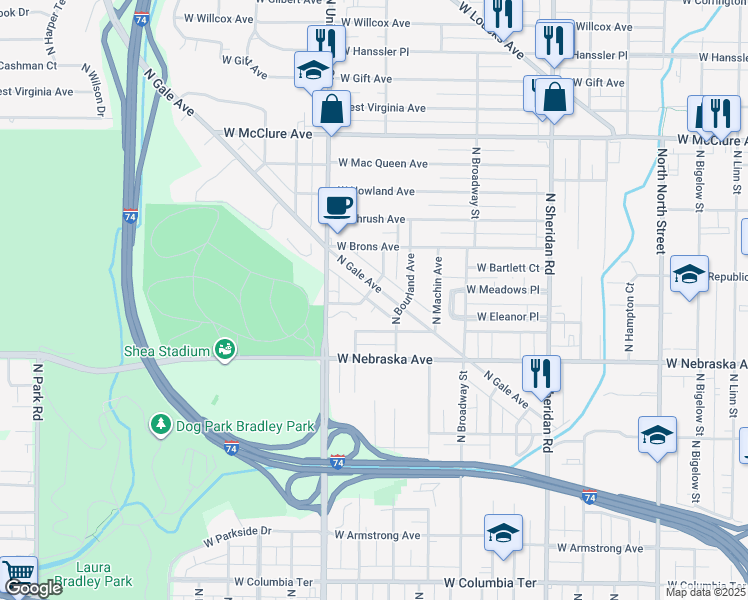 map of restaurants, bars, coffee shops, grocery stores, and more near 2049 North Gale Avenue in Peoria