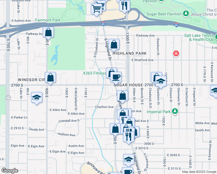 map of restaurants, bars, coffee shops, grocery stores, and more near 2708 South Highland Drive in Salt Lake City