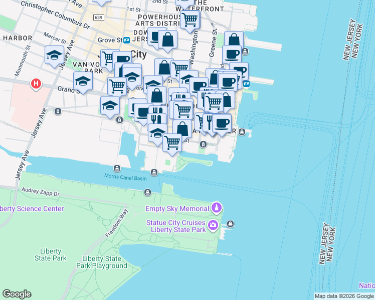map of restaurants, bars, coffee shops, grocery stores, and more near 76 Essex Street in Jersey City