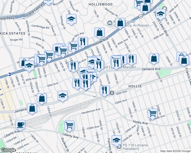 map of restaurants, bars, coffee shops, grocery stores, and more near in Queens